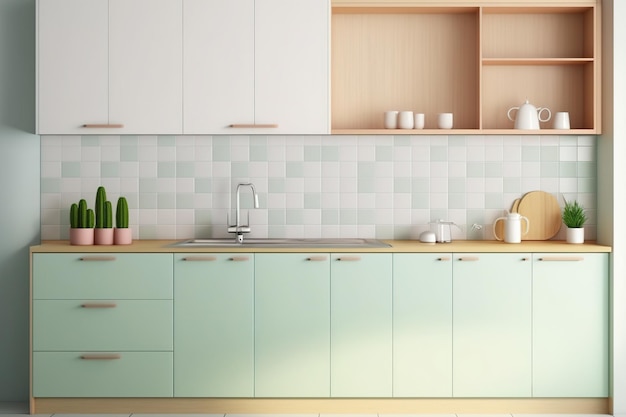 Prototype of a modern kitchen with hardwood counters a sink and a faucet The cabinet is pastel green and the wall tiles are light grey Kitchen counter in closeup