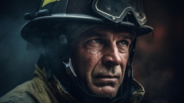 A proud adult fireman stands in full uniform looking straight into the camera