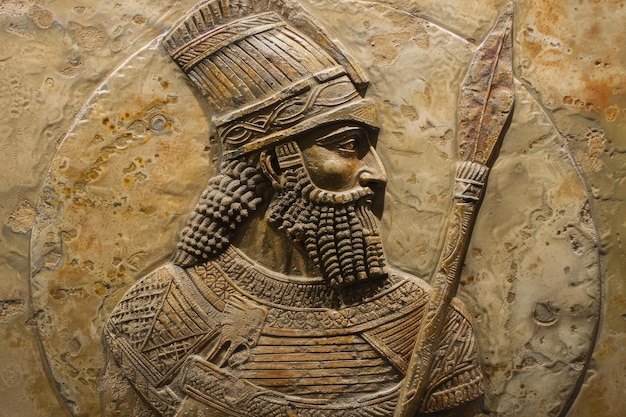 Photo a proud assyrian warrior stands ready adorned in intricate armor holding a spear embodying strength and valor from a bygone era