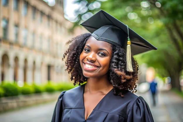 Proud Black Female Graduate in Cap and Gown Graduation Background