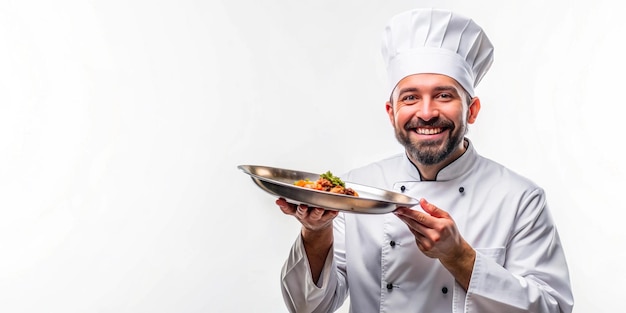 Photo proud chef in professional uniform presenting plated dish on white background