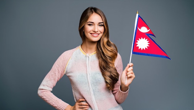 Proud female holding Nepali flag over grey background