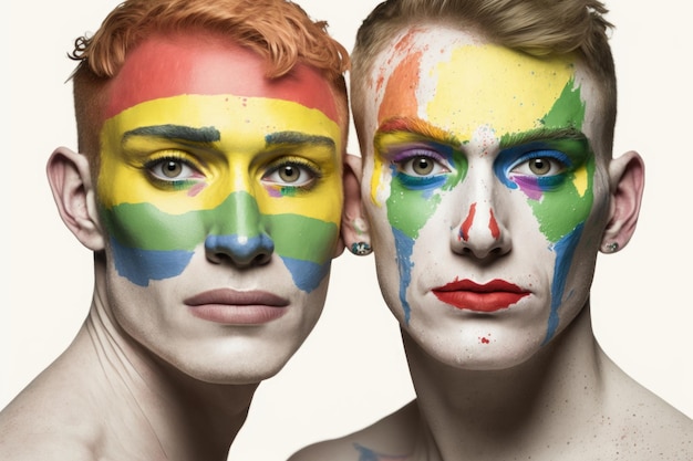 Proud gay couple with matching rainbow face paint on a white background created with generative ai