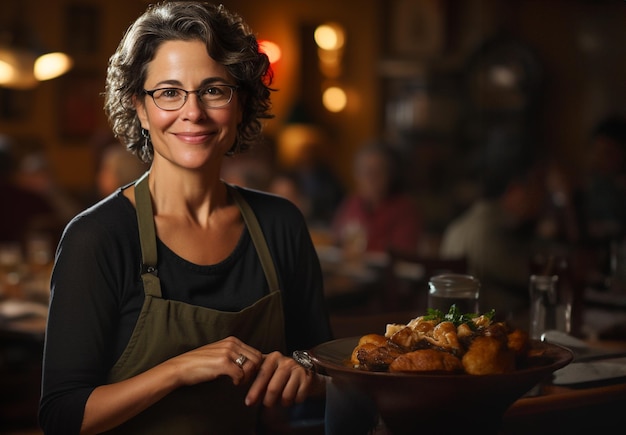 Proud middleaged woman wearing an apron stands near her seasonal meal she prepared in her house generative AI