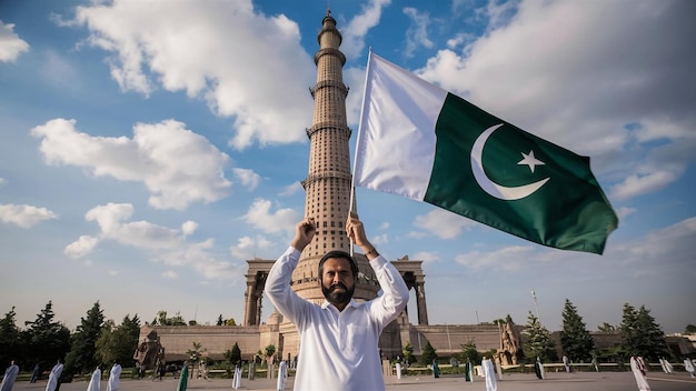 Photo a proud pakistani citizen holding the national flag standing in front of the minare pakistan