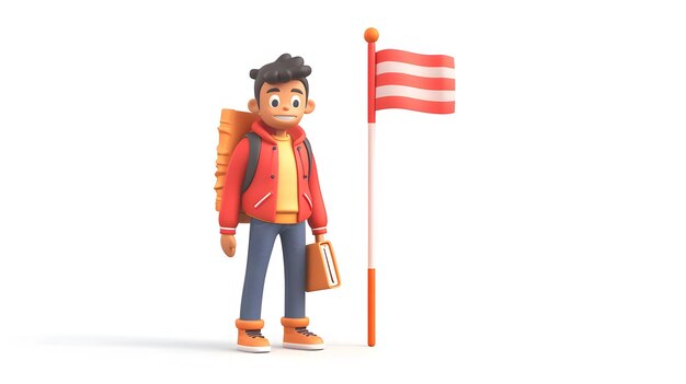 Photo proud student with books and flagpole in 3d flat icon educational pride and tradition concept