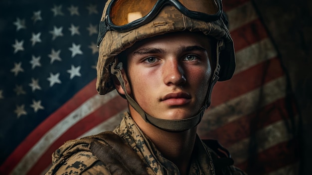 Photo proud young soldier with american flag backdrop patriotic concept