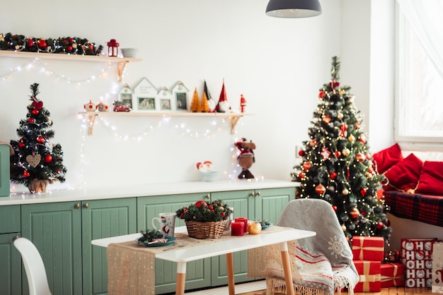 Provencal Kitchen Interior Christmas tree is Decorated with Red Toy Balls Selective Focus