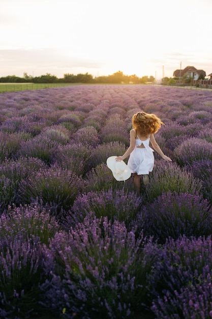 Provence France A girl in white dress walking through lavender fields at sunset