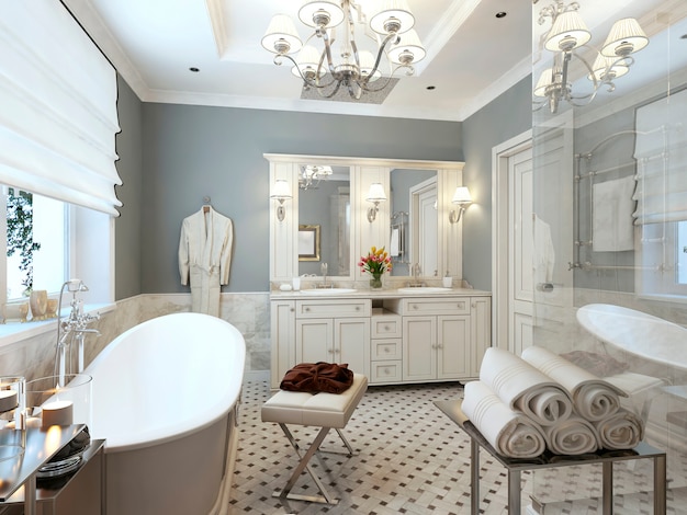 Provence style bathroom interior with gray walls and white furniture