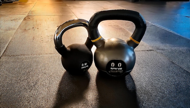 Provide a clipping path for dumbbells and a kettlebell on a gym floor The path should follo