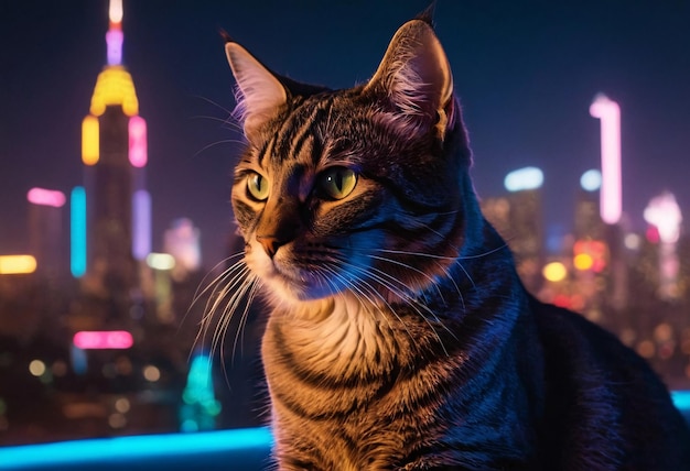 Prowling Cybercat in NeonLit Futuristic Cityscape