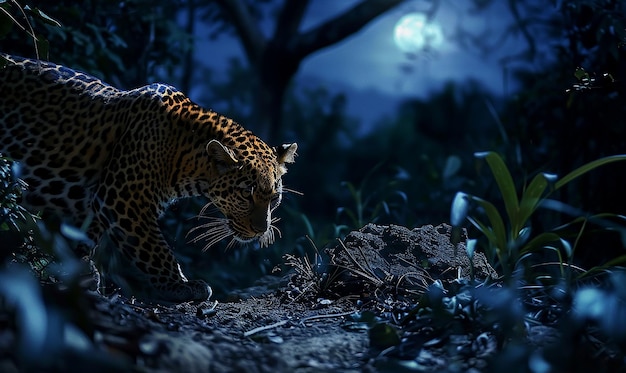 Photo prowling leopards in the moonlit jungle