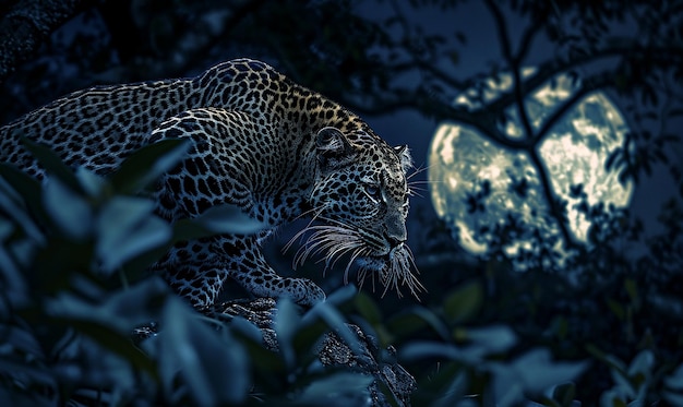 Photo prowling leopards in the moonlit jungle