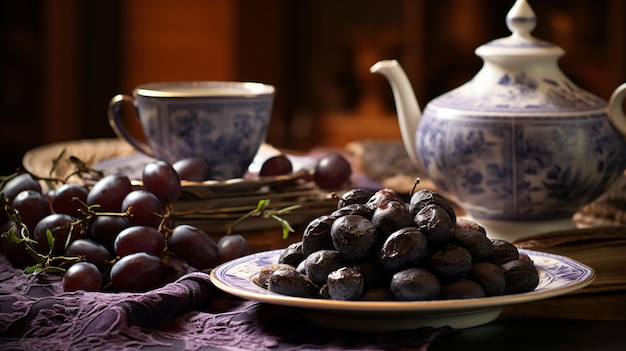 Prunes on Saucer Near Wonderful Tableware