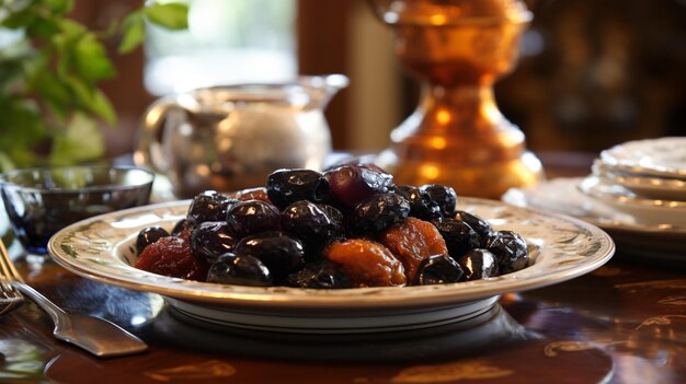 Prunes on Saucer Near Wonderful Tableware