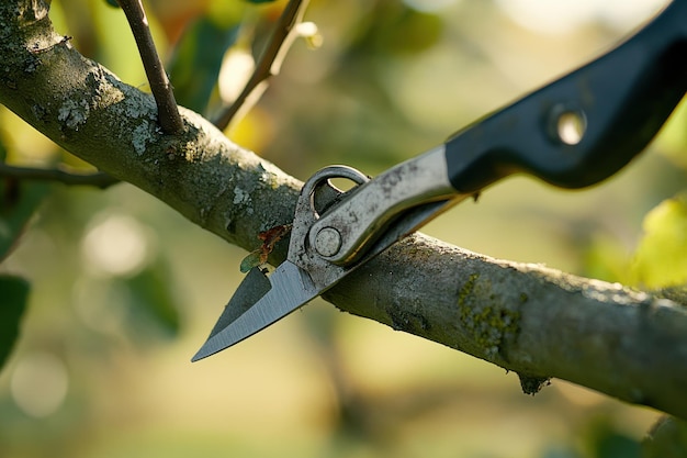 Photo pruning a tree branch in a lush garden during early morning light for healthy growth