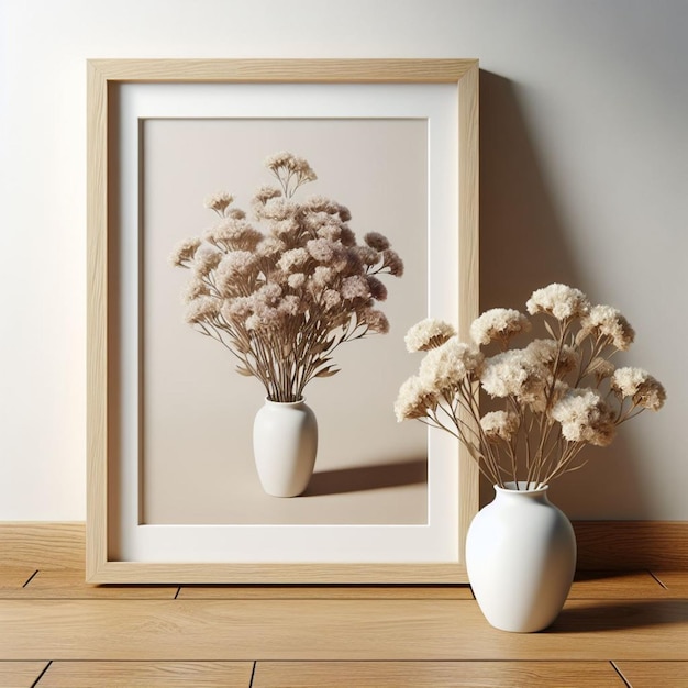 PSD dried white statice flower in a white vase by a wooden frame mockup on a wooden floor