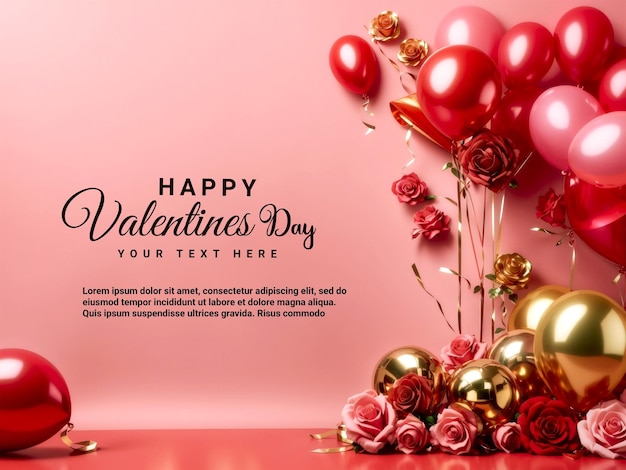 PSD Happy valentines day template design with heart shape rose and balloons generated by ai