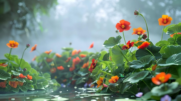 psd with transparent background of orange and red flowers and green leaves in the water