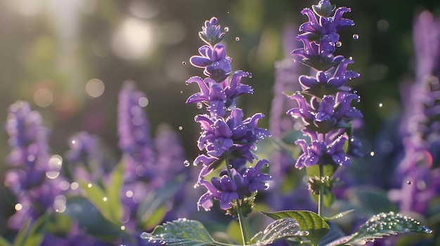 psd with transparent purple flowers and green leaves on a sunny day