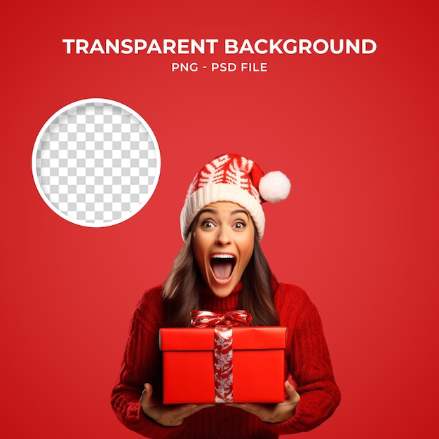 PSD Woman with Presents Dressed for Christmas PNG Transparent