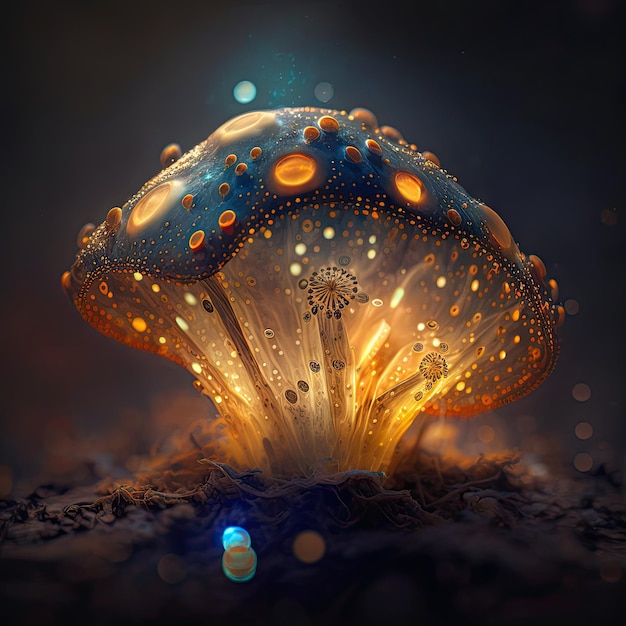 Psilocybe fungi in bokeh bubble modern creative alien forest background Mushroom with magic glowing spores Psychedelic fungus with spores ui game illustration