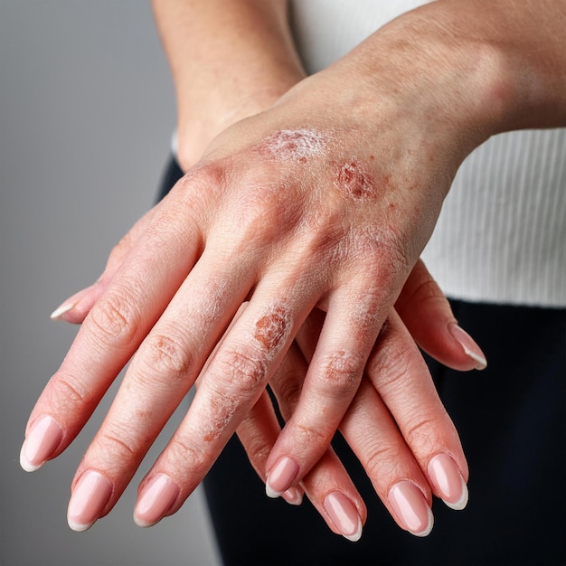 Photo psoriasis on hands of patient young girl hand closeup