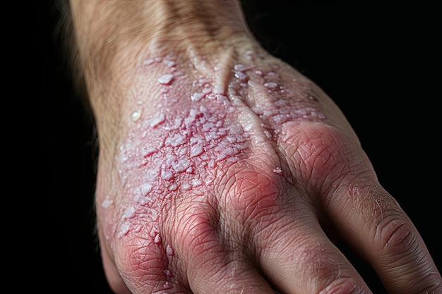 Psoriasis Vulgaris skin patches hand are typically red itchy and scaly Papules of chronic psoriasis vulgaris on body Genetic immune disease Detail of psoriatic skin disease Generative AI