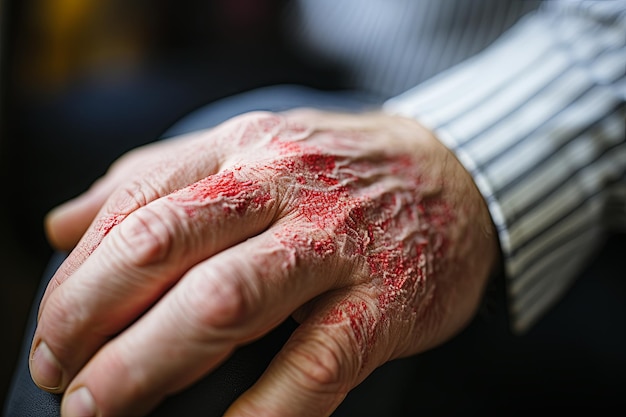 Psoriasis Vulgaris skin patches hand are typically red itchy and scaly Papules of chronic psoriasis vulgaris on body Genetic immune disease Detail of psoriatic skin disease Generative AI