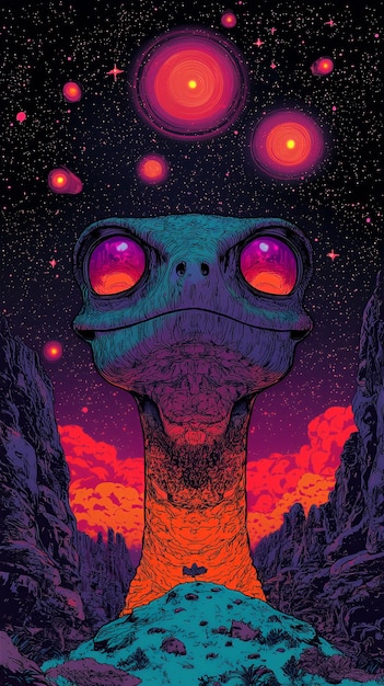 Psychedelic Alien Creature with Red Eyes Gazing at Stars