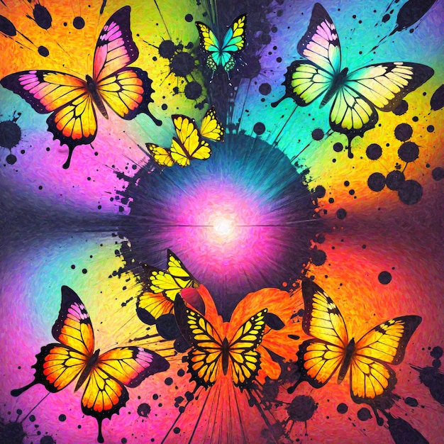 psychedelic background with colorful butterflies