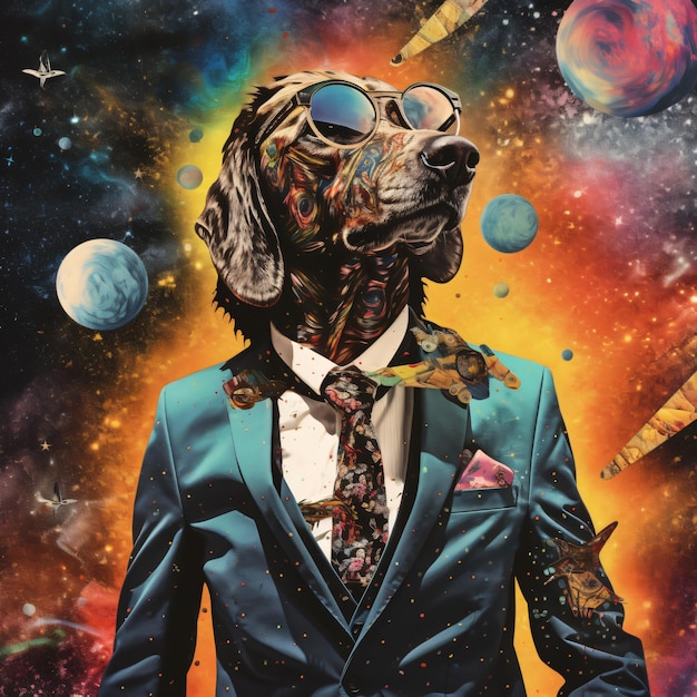 Psychedelic collage combining a man in a suit and a