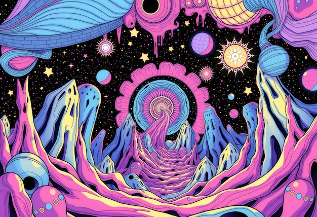 Psychedelic cosmic landscape with bright pink and blue mountains and stars