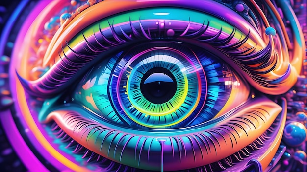 Psychedelic eye infused with abstract neon streaks set against a vibrant neon world