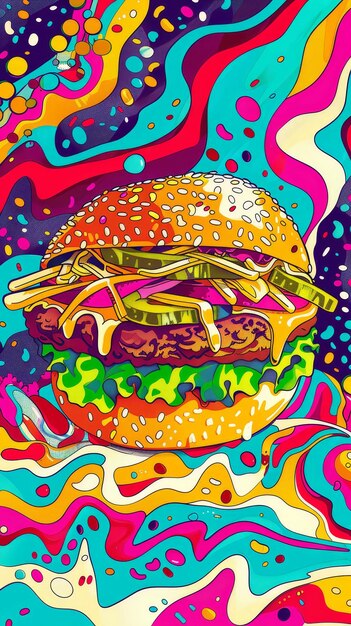 Photo psychedelic fast food items with vibrant swirling patterns pop art style illustration bold lines