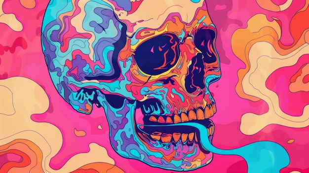 Photo psychedelic halloweenthemed skull art featuring vibrant colors and swirling patterns