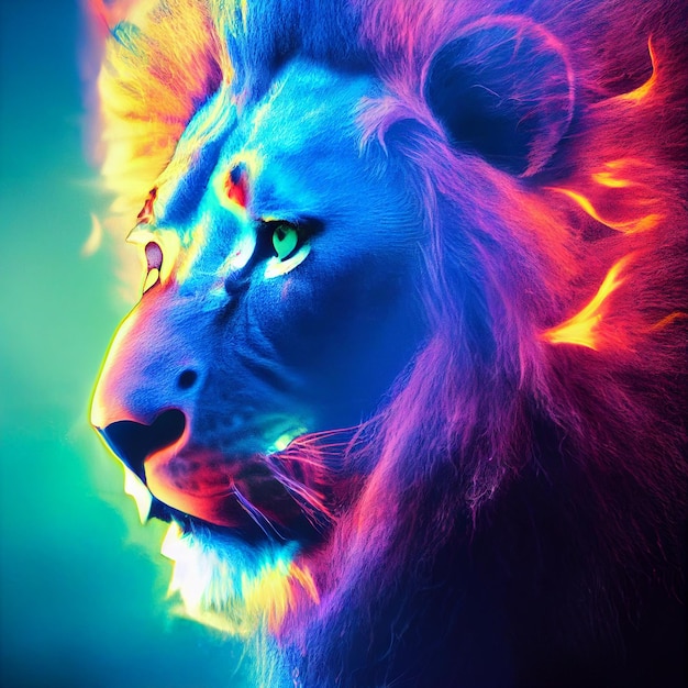 psychedelic lion portrait neon colors spirit animal