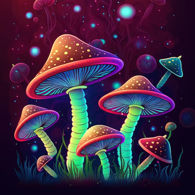 Psychedelic magic mushrooms in bright neon colors