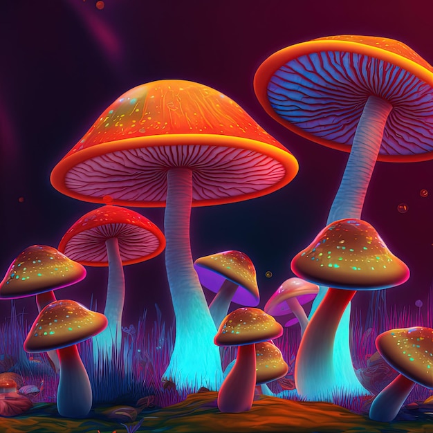 Psychedelic magic mushrooms in bright neon colors