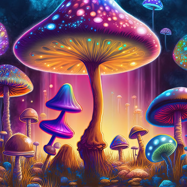 Psychedelic magic mushrooms in bright neon colors