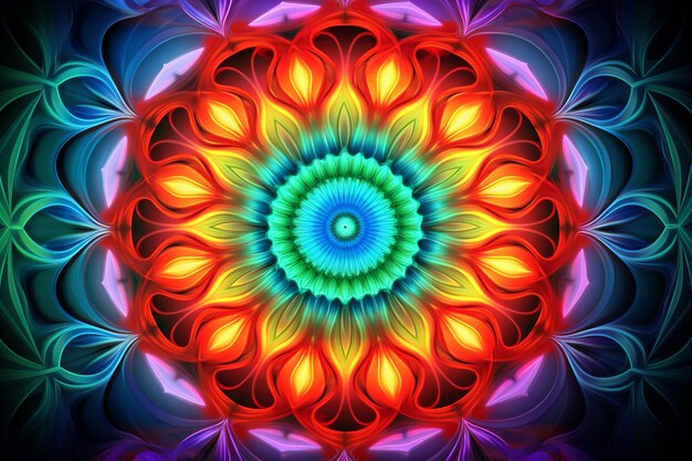 Psychedelic mandala fractal pattern vibrant neon vintage decorative element