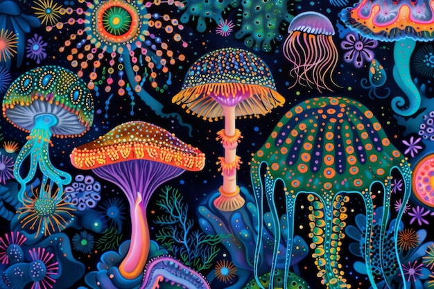 Photo psychedelic mushroom forest with vibrant neon colors and glowing effects