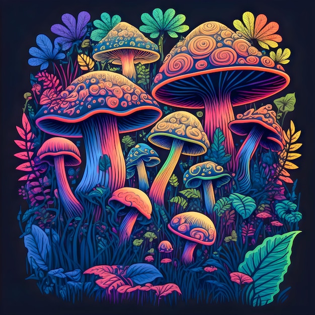 Psychedelic mushrooms limited colors pattern