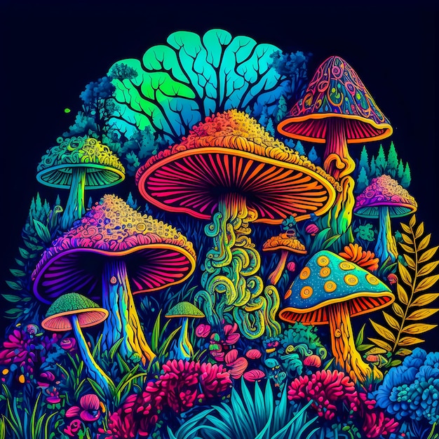 Psychedelic mushrooms limited colors pattern