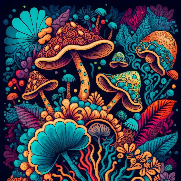 Psychedelic mushrooms limited colors pattern