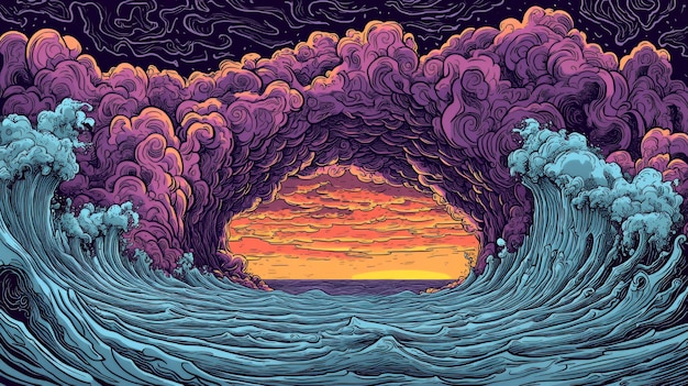 Psychedelic Ocean Waves and Clouds at Sunset