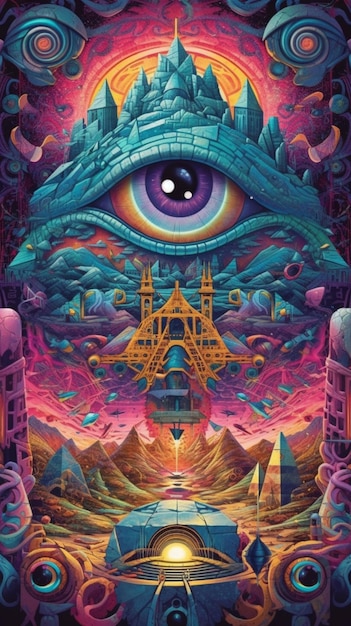 A psychedelic poster with an eye and a pyramid in the background generative ai