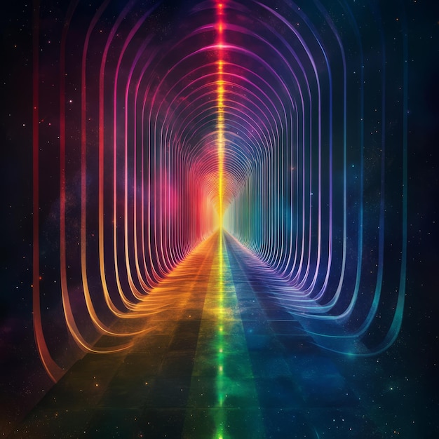 Photo a psychedelic rainbow tunnel in space with stars and glowing lights