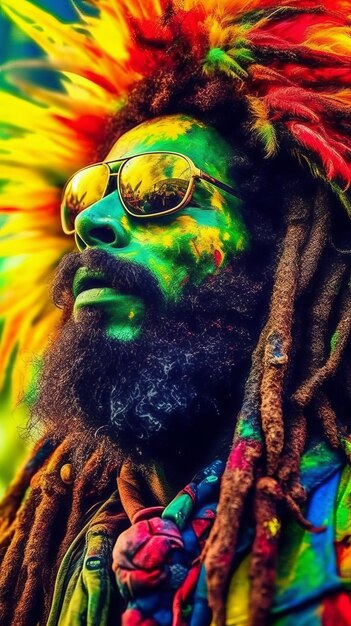 Psychedelic rastafari man on vibrant colors art